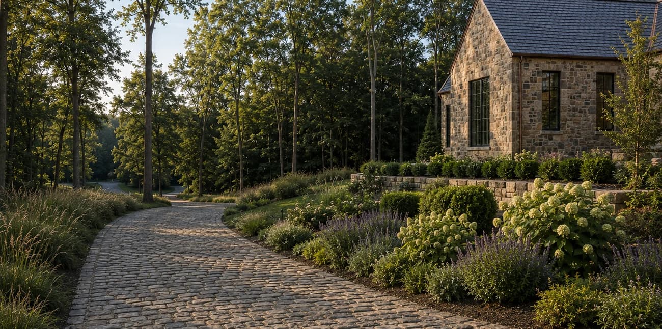 A cobbled drive curving through planted borders toward a stone house with a slate roof.
