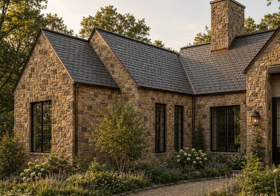 Stone house with slate roofs and a tall chimney, gravel path through planted borders.