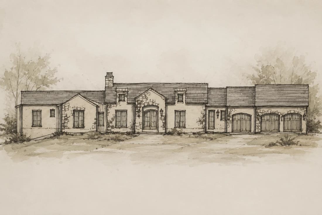 Pencil-and-wash elevation drawing of a long stone house with arched garage doors.