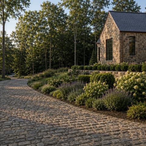 Cobbled drive winding past hydrangeas and lavender to a stone house.