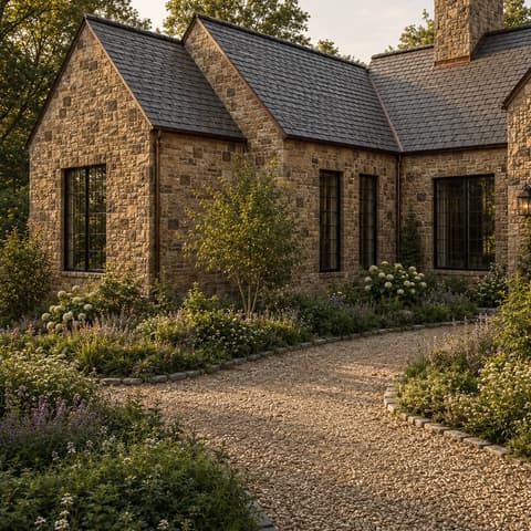Stone house with steep slate roofs behind a planted gravel path.