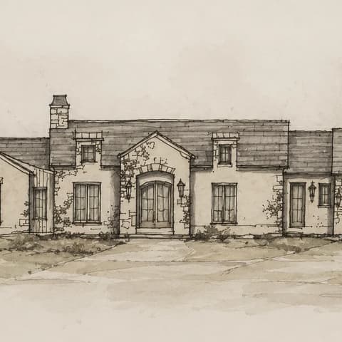 Pencil-and-wash elevation of a stone house with an arched door.
