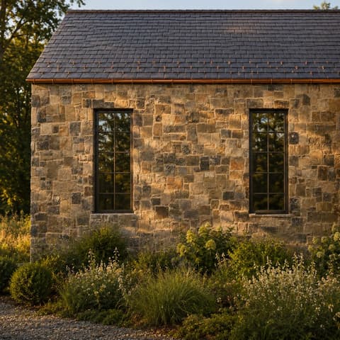 Late sun on a stone wall with two tall windows and a slate roof.