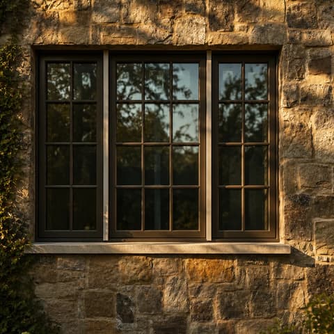 Steel-framed window set in a fieldstone wall under a slate roof with copper snow guards.