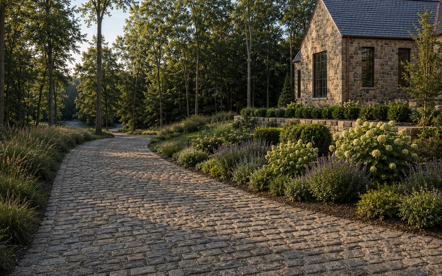 Cobbled drive curving through tall trees and planted borders.