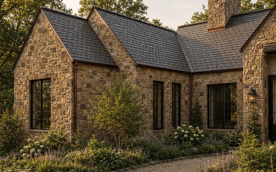 Stone house with steep slate roofs and leaded windows.