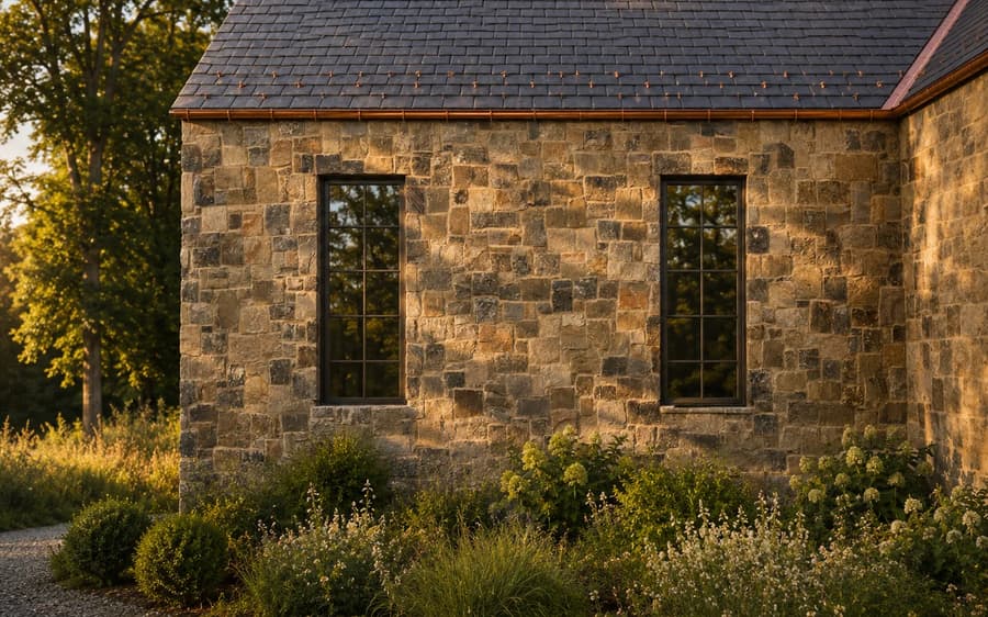 Stone wall with two tall windows in late light.