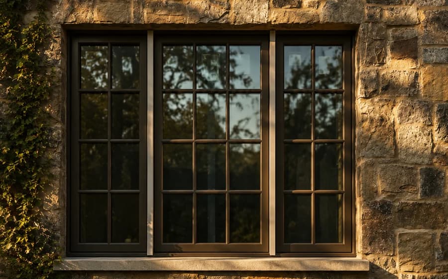 Steel window in a fieldstone wall, ivy at its edge.